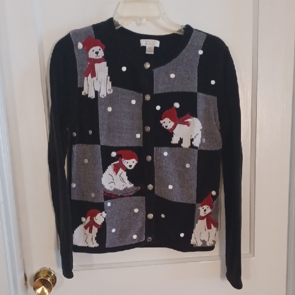 Christopher & Banks Black and Gray Cardigan Chritmas Sweater Small